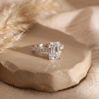 4-carat emerald cut moissanite engagement ring, 925 sterling silver, color D, VVS1 purity, GRA certified.
