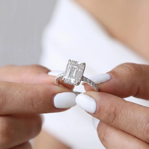 4-carat emerald cut moissanite engagement ring, 925 sterling silver, color D, VVS1 purity, GRA certified.