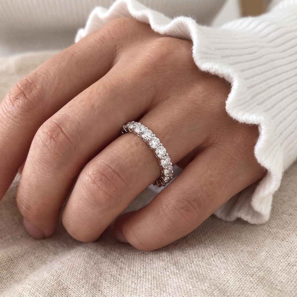 Moissanite Eternity Ring, 925 Sterling Silver Ring, 2mm and 3mm Full Eternity Wedding Ring, D VVS Round Moissanite.