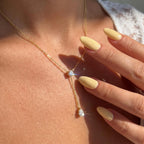 Y-necklace with lab-grown diamonds, 14-carat gold long pear-type necklace, D-E VS