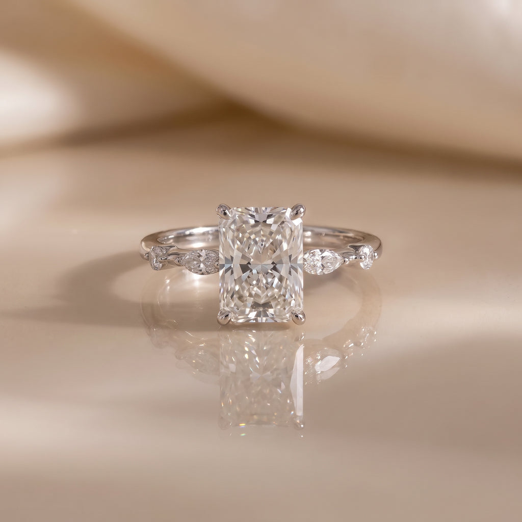Radiant Cut Lab-Grown Diamond Engagement Ring with Marquise Side Stones | 14K Gold
