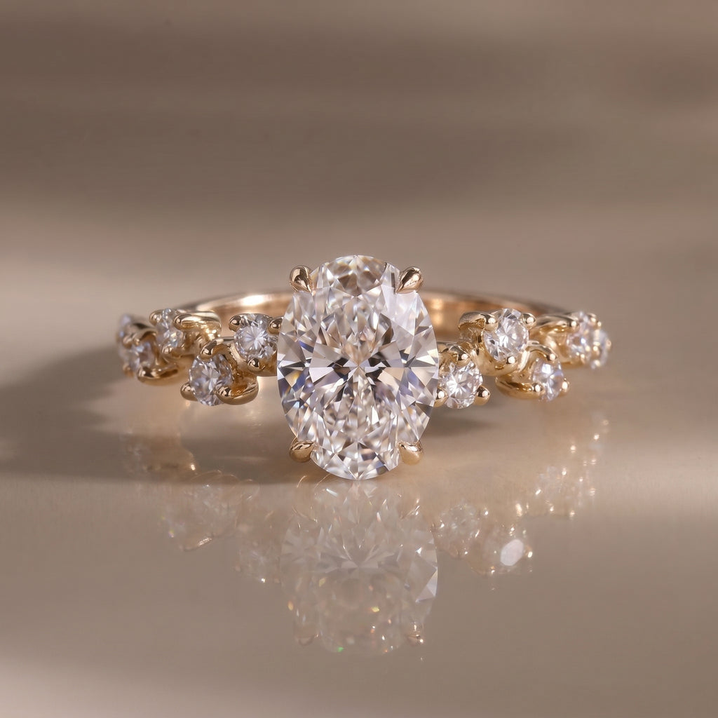 Oval Cut Lab Grown Diamond Engagement Ring, Zig-Zag Pavé Band, 14K Gold