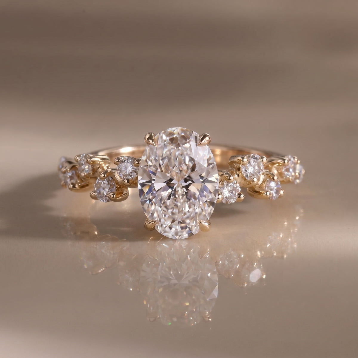 Oval Cut Lab Grown Diamond Engagement Ring, Zig-Zag Pavé Band, 14K Gold