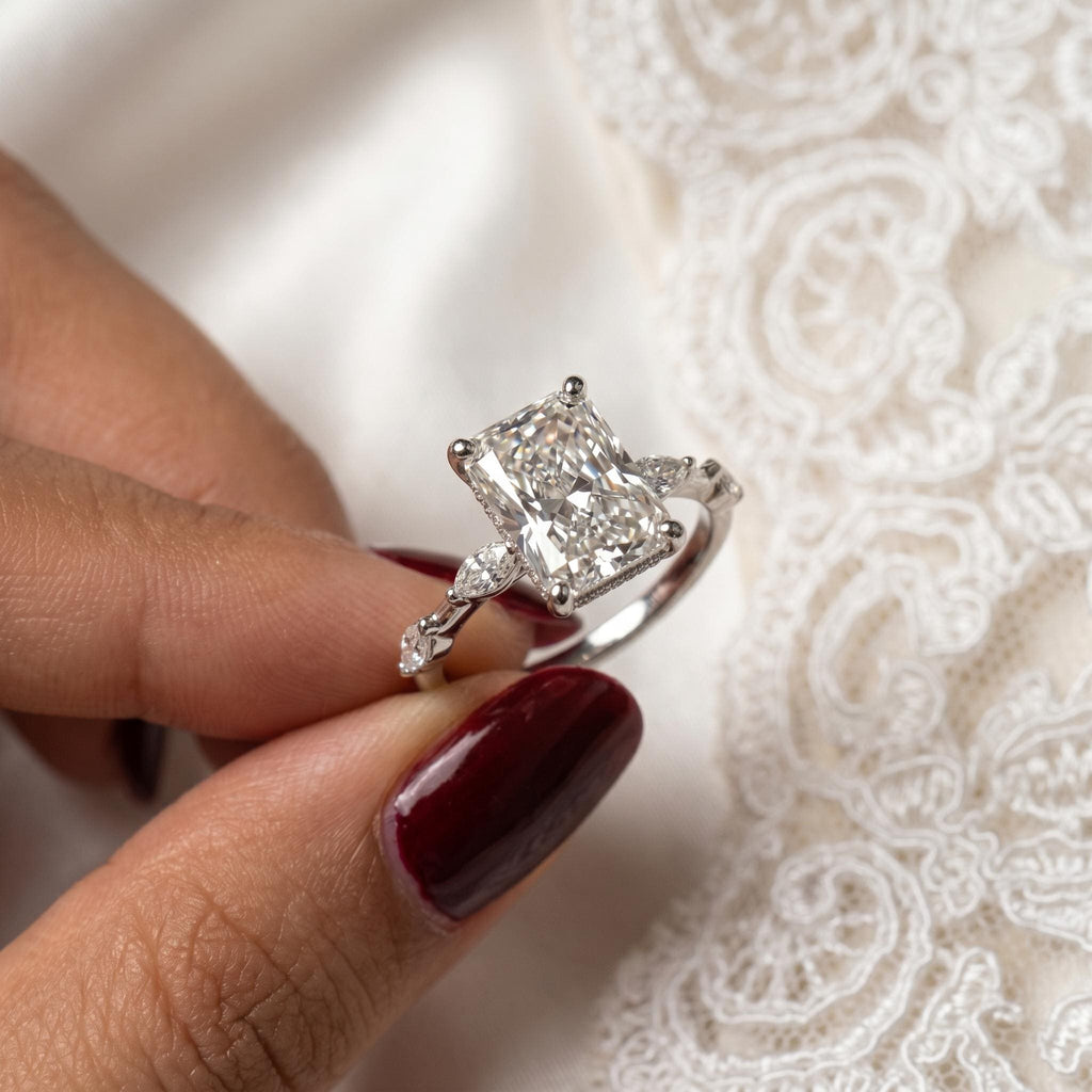 Radiant Cut Lab-Grown Diamond Engagement Ring with Marquise Side Stones | 14K Gold