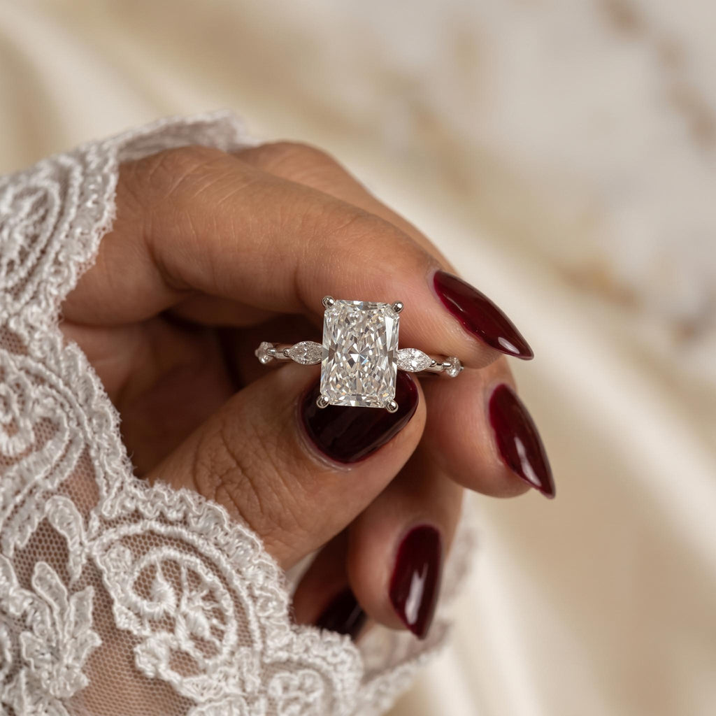Radiant Cut Lab-Grown Diamond Engagement Ring with Marquise Side Stones | 14K Gold