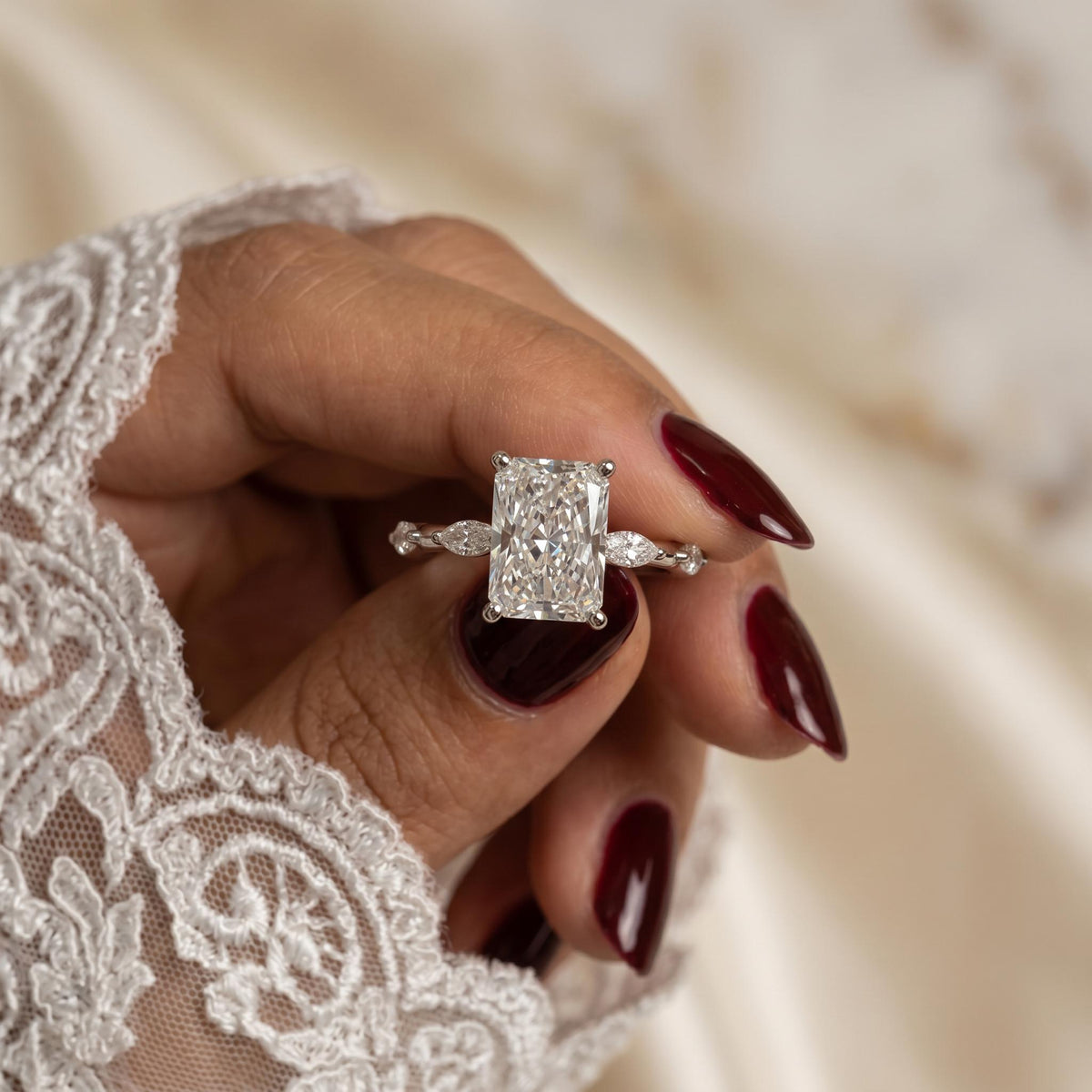 Radiant Cut Lab-Grown Diamond Engagement Ring with Marquise Side Stones | 14K Gold