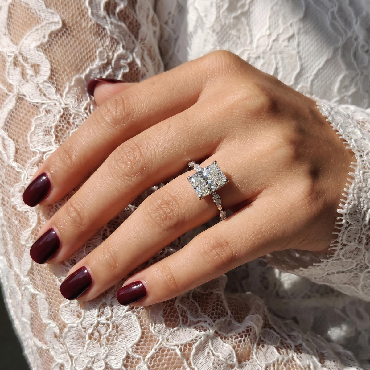 Radiant Cut Lab-Grown Diamond Engagement Ring with Marquise Side Stones | 14K Gold