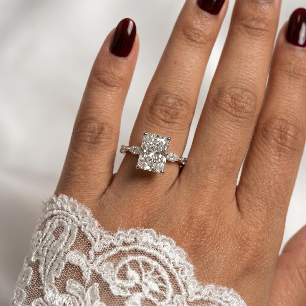 Radiant Cut Lab-Grown Diamond Engagement Ring with Marquise Side Stones | 14K Gold