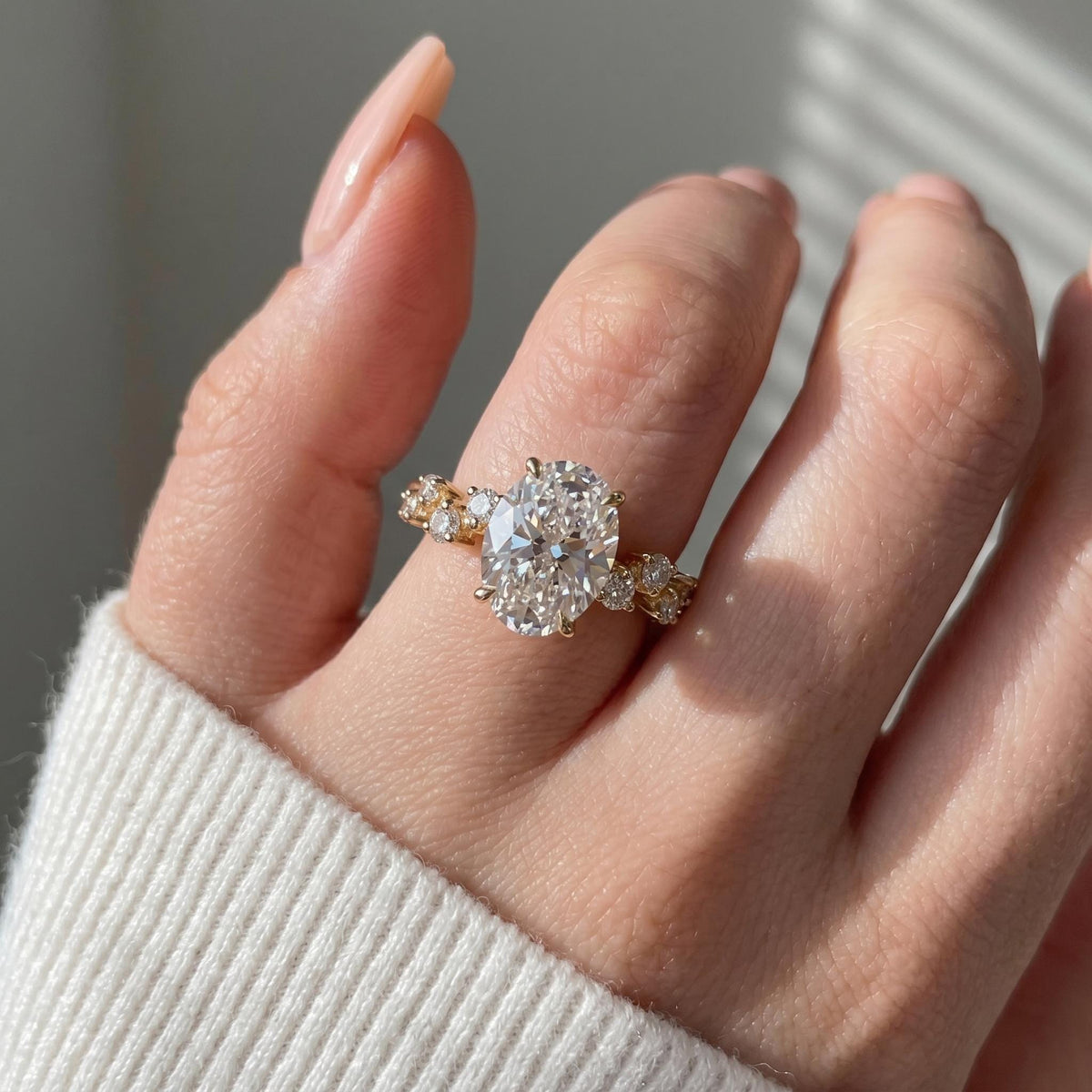 Oval Cut Lab Grown Diamond Engagement Ring, Zig-Zag Pavé Band, 14K Gold