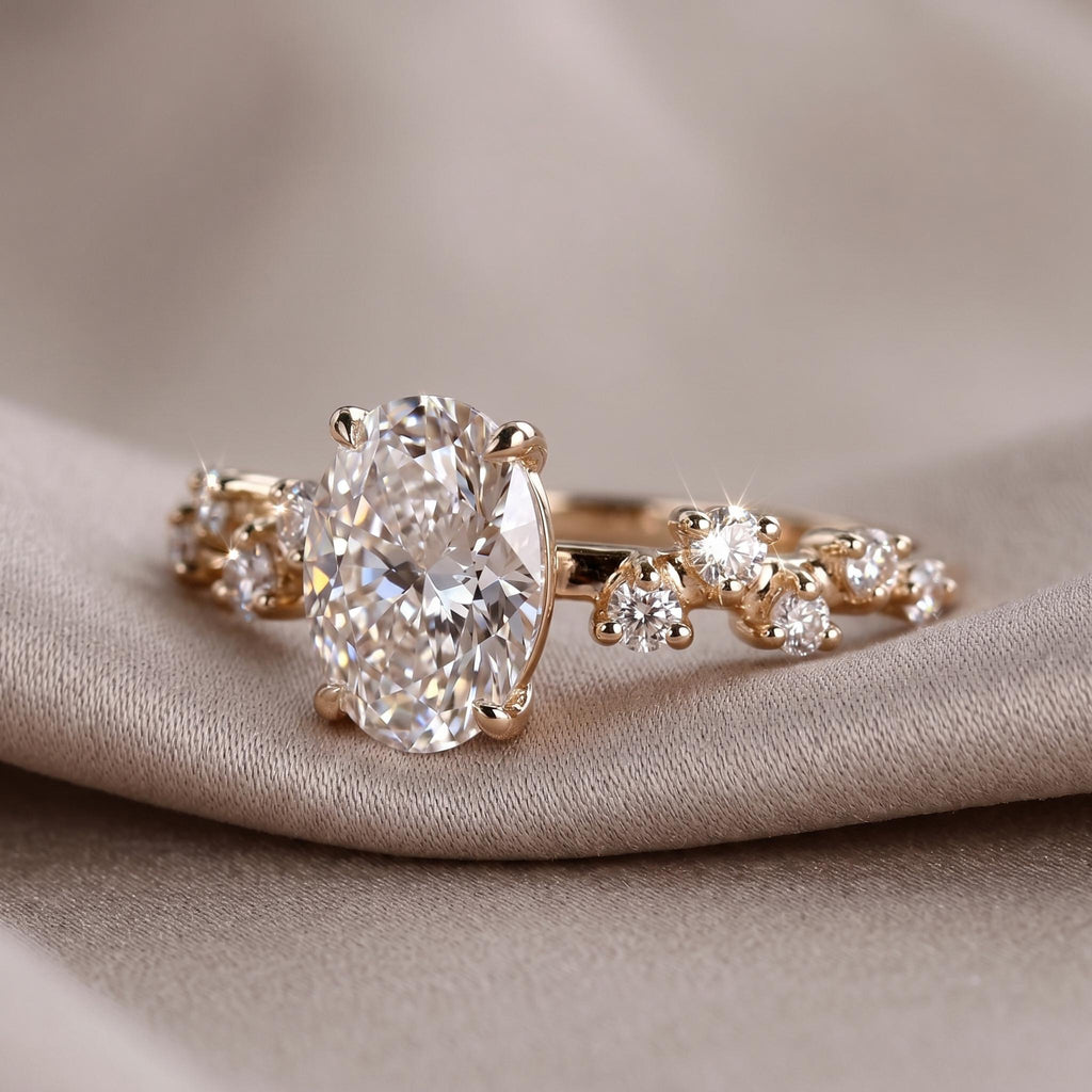 Oval Cut Lab Grown Diamond Engagement Ring, Zig-Zag Pavé Band, 14K Gold