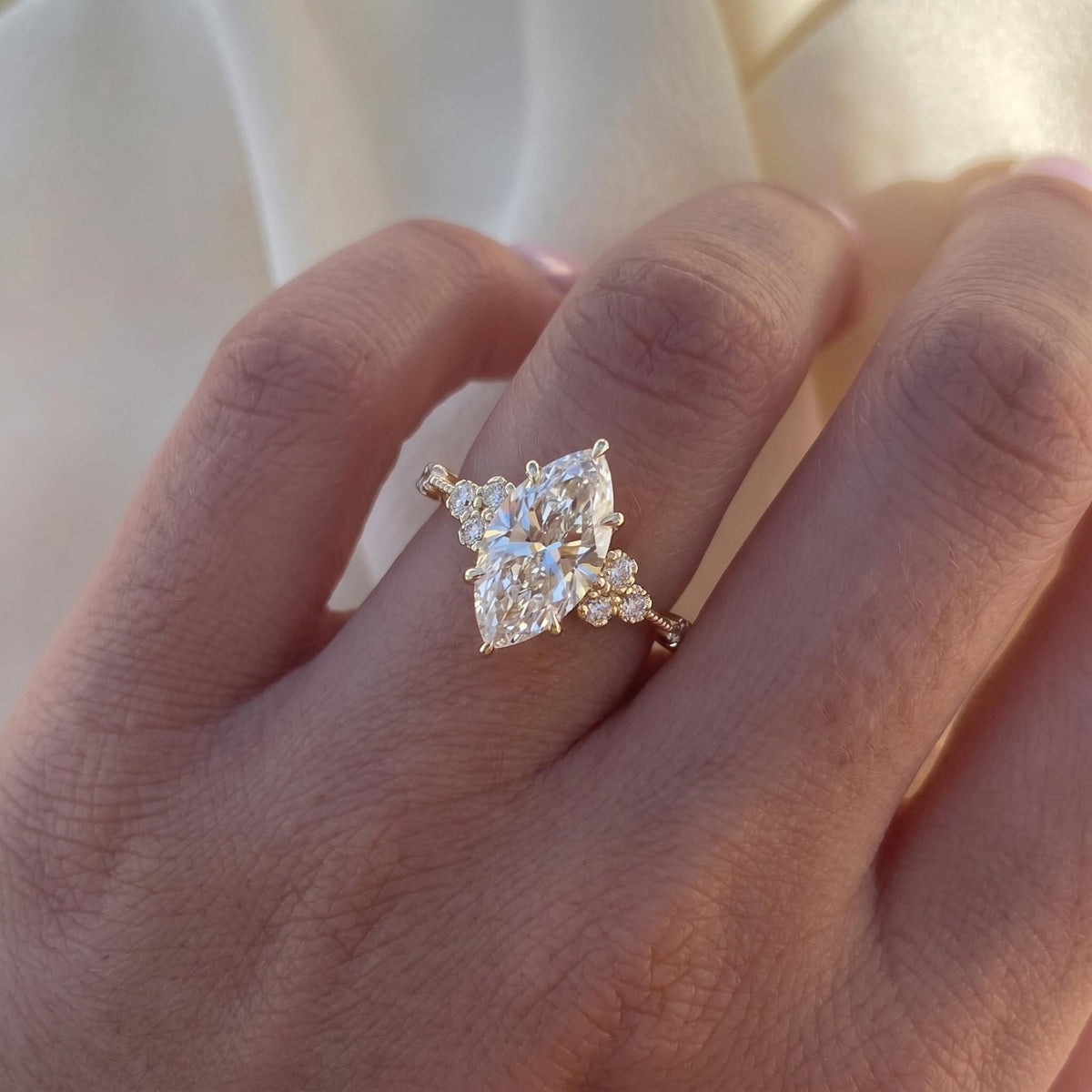 Marquise Cut Lab Grown Diamond Engagement Ring, Cluster Halo, Solid 14K Gold, 1–3 CT