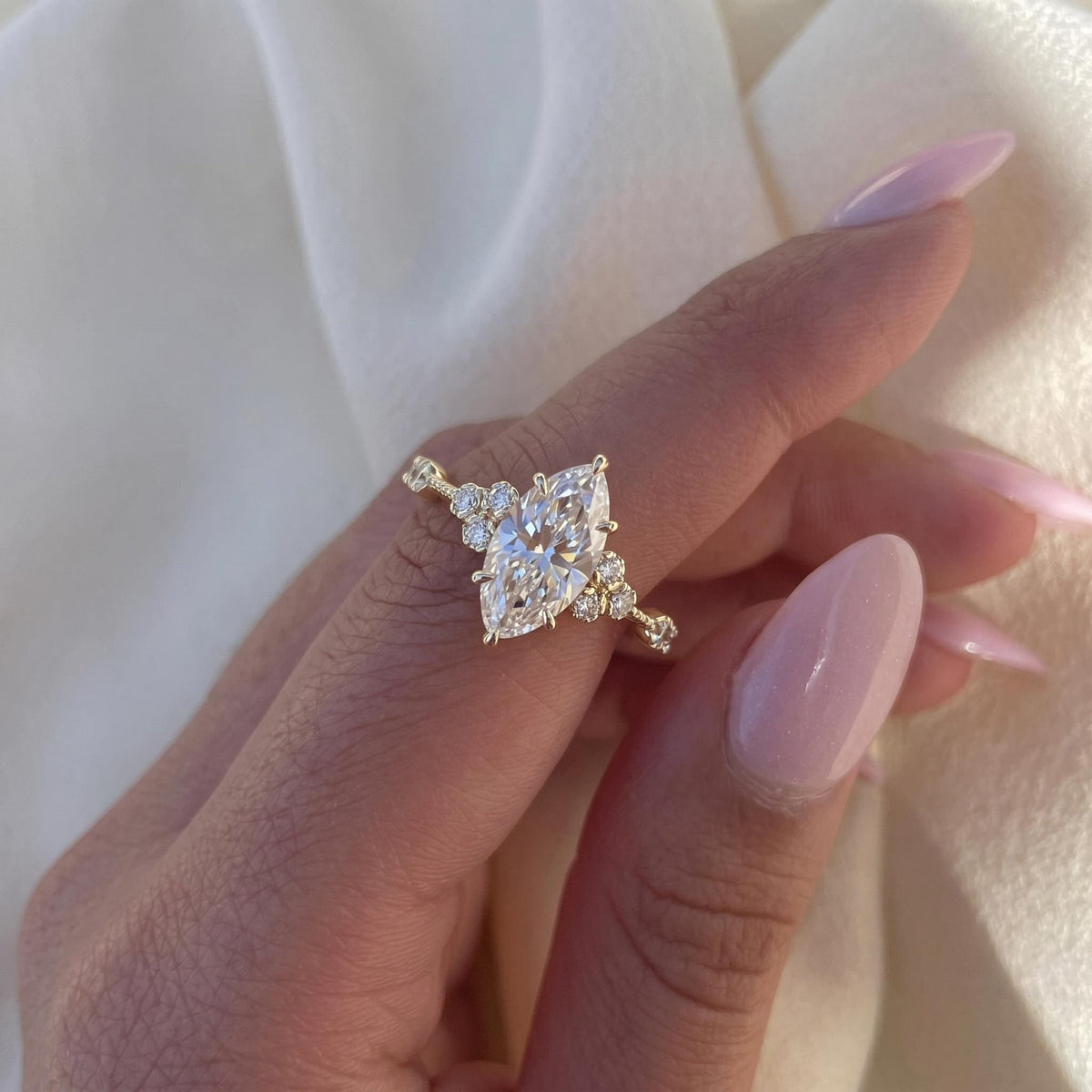 Marquise Cut Lab Grown Diamond Engagement Ring, Cluster Halo, Solid 14K Gold, 1–3 CT