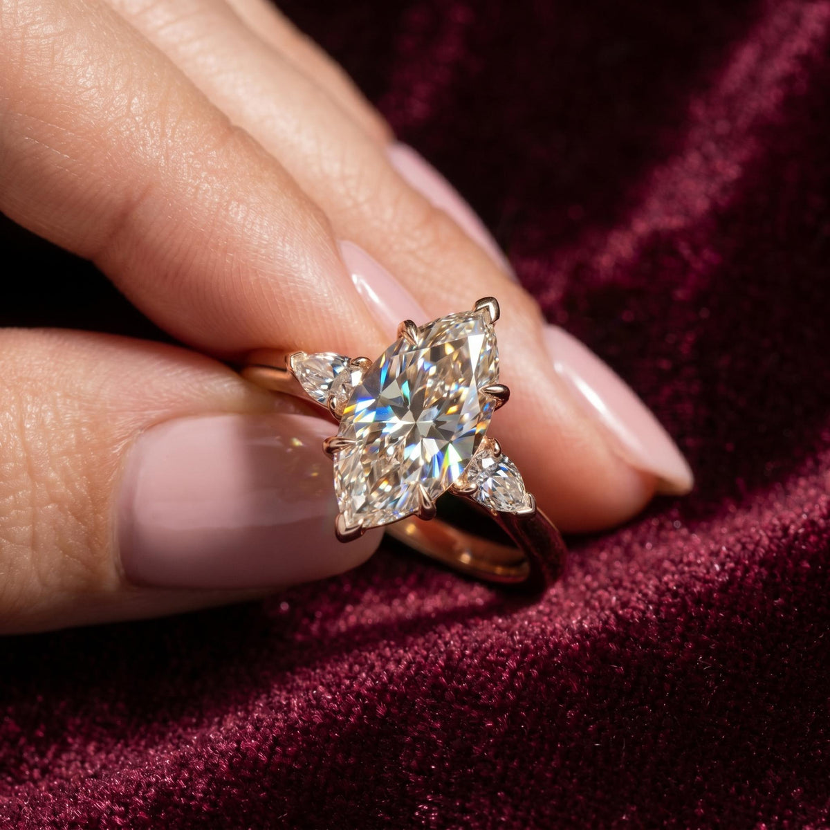 Marquise Three-Stone Engagement Ring, Lab-Grown Diamond, 14K Gold