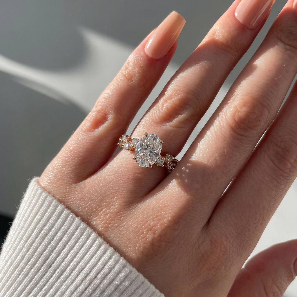 Oval Cut Lab Grown Diamond Engagement Ring, Zig-Zag Pavé Band, 14K Gold