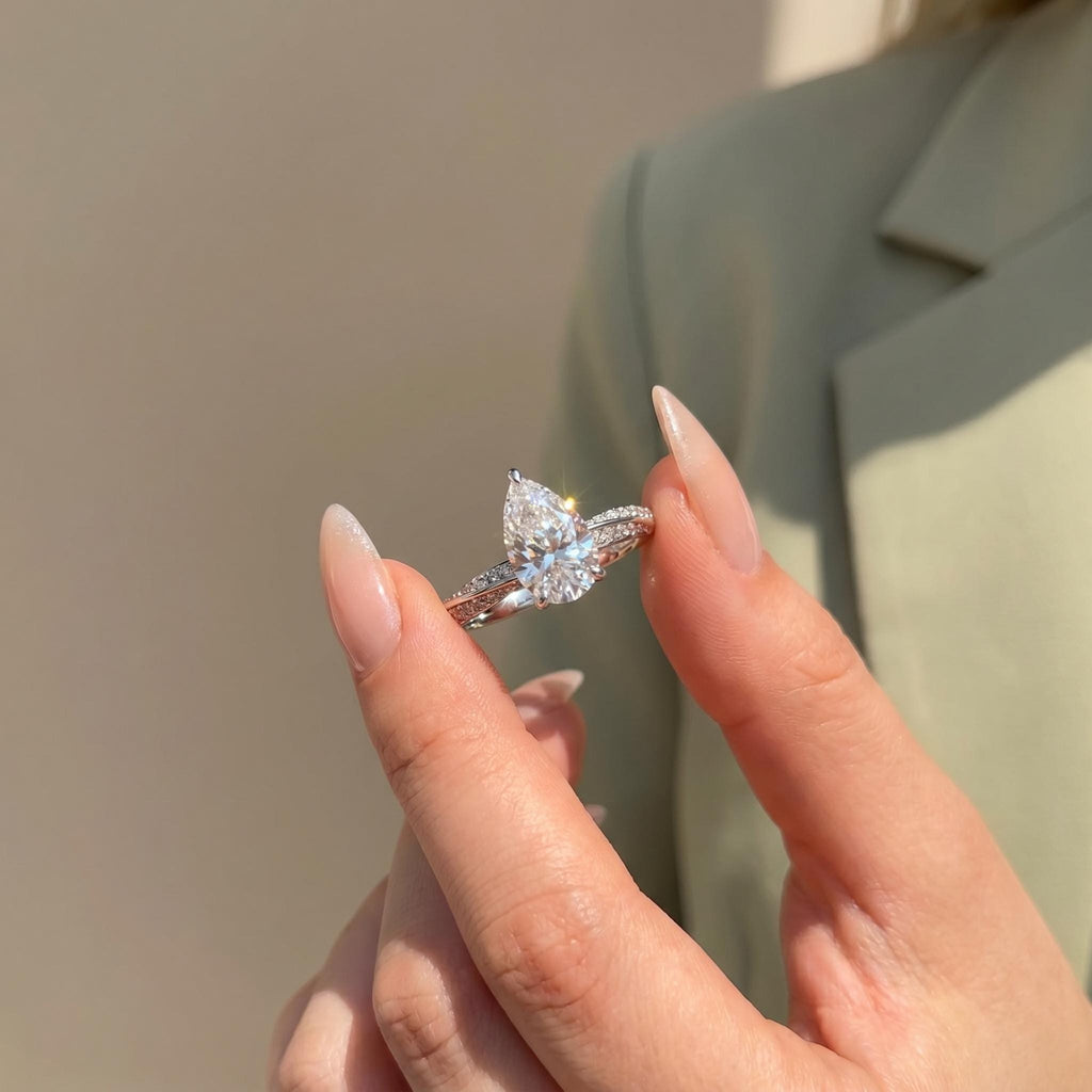 Pear Cut Lab-Grown Diamond Engagement Ring with Twisted Pavé Band | 14K Gold