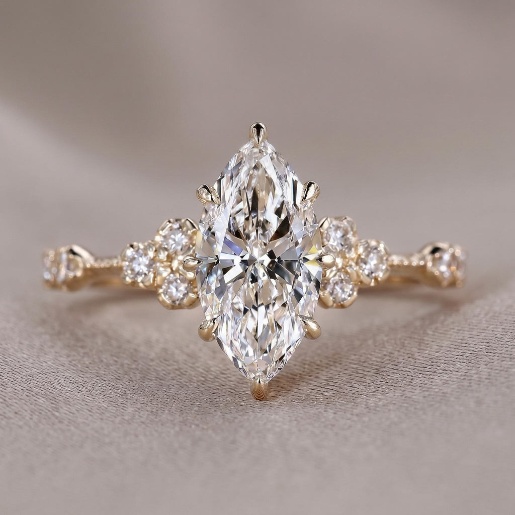 Marquise Cut Lab Grown Diamond Engagement Ring, Cluster Halo, Solid 14K Gold, 1–3 CT
