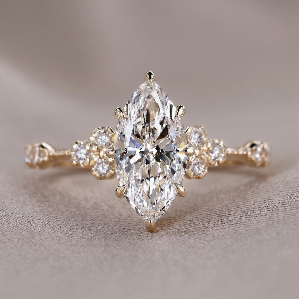 Marquise Cut Lab Grown Diamond Engagement Ring, Cluster Halo, Solid 14K Gold, 1–3 CT