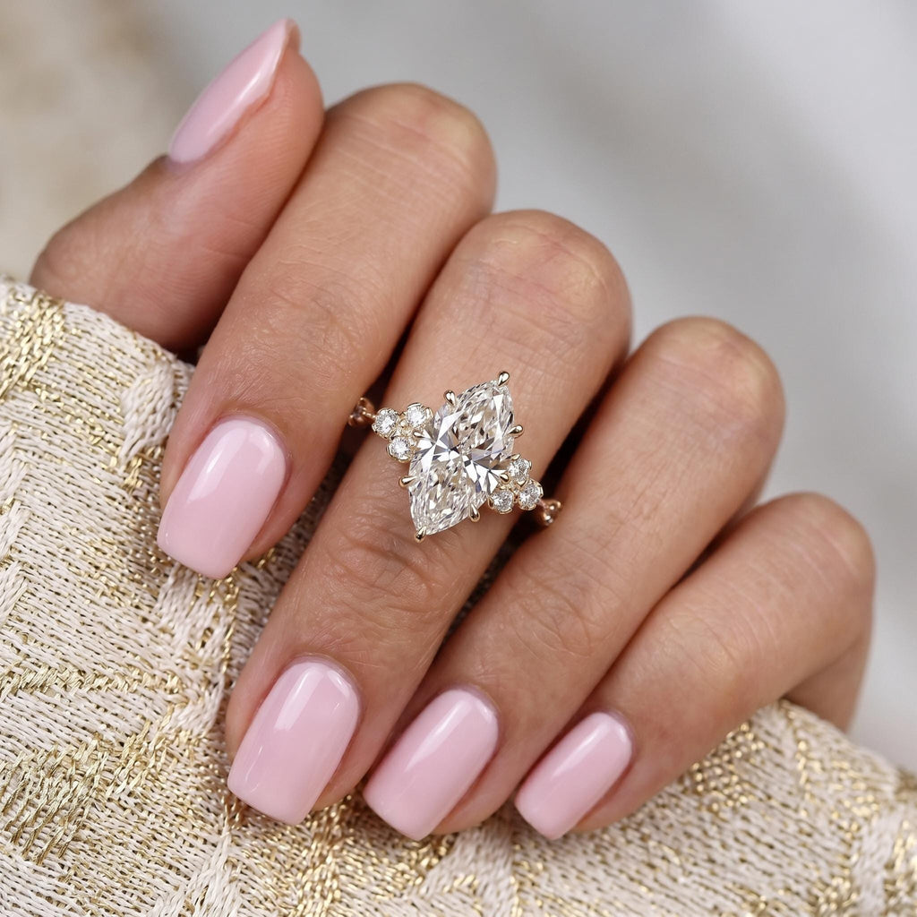 Marquise Cut Lab Grown Diamond Engagement Ring, Cluster Halo, Solid 14K Gold, 1–3 CT