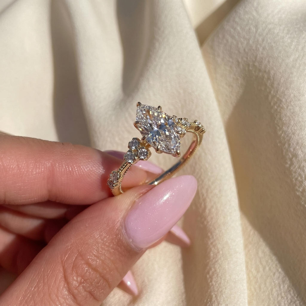 Marquise Cut Lab Grown Diamond Engagement Ring, Cluster Halo, Solid 14K Gold, 1–3 CT