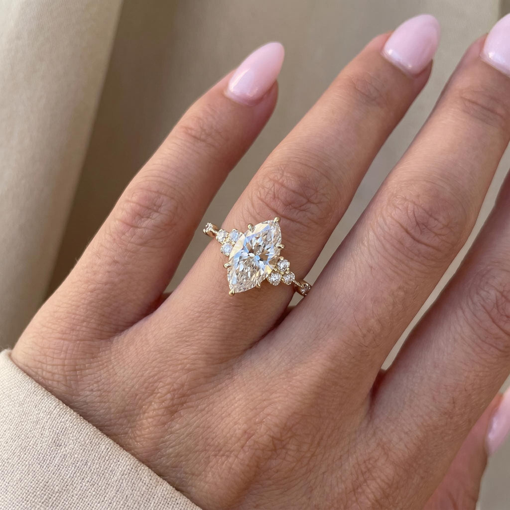 Marquise Cut Lab Grown Diamond Engagement Ring, Cluster Halo, Solid 14K Gold, 1–3 CT