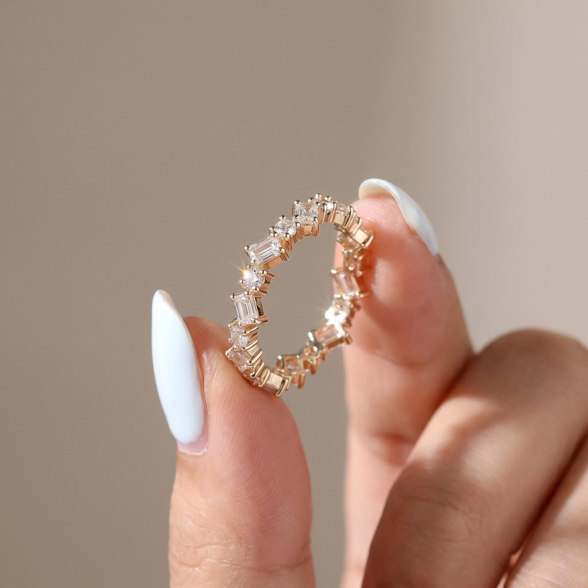 Zig Zag Baguette & Round Lab Grown Diamond Eternity Ring, 1–1.5 CTW, Solid 14K Gold