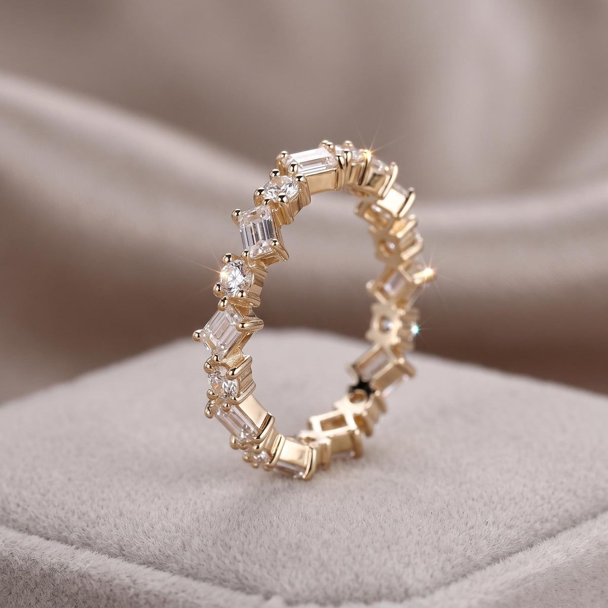 Zig Zag Baguette & Round Lab Grown Diamond Eternity Ring, 1–1.5 CTW, Solid 14K Gold